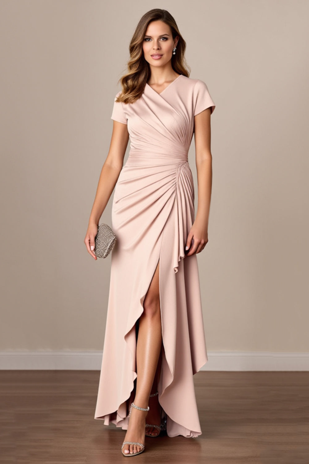 Apricot Sheath V-Neck Ruched Long Mother of the Bride Dress with Slit