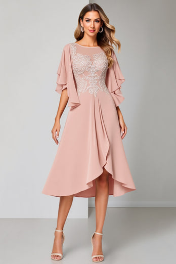 Blush A Line Ruffled Boat Neck Mother of the Bride Dress with Sleeves