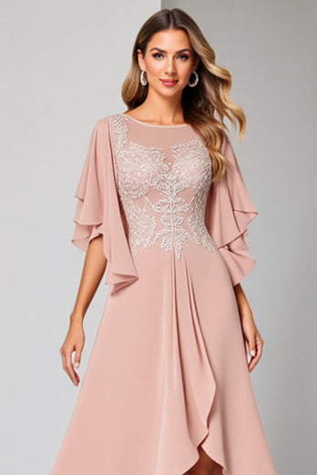 Blush A Line Ruffled Boat Neck Mother of the Bride Dress with Sleeves