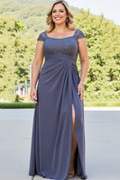 Load image into Gallery viewer, Plus Size Steel Grey Ruched Long Mother of the Bride Dress with Slit