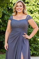 Load image into Gallery viewer, Plus Size Steel Grey Ruched Long Mother of the Bride Dress with Slit
