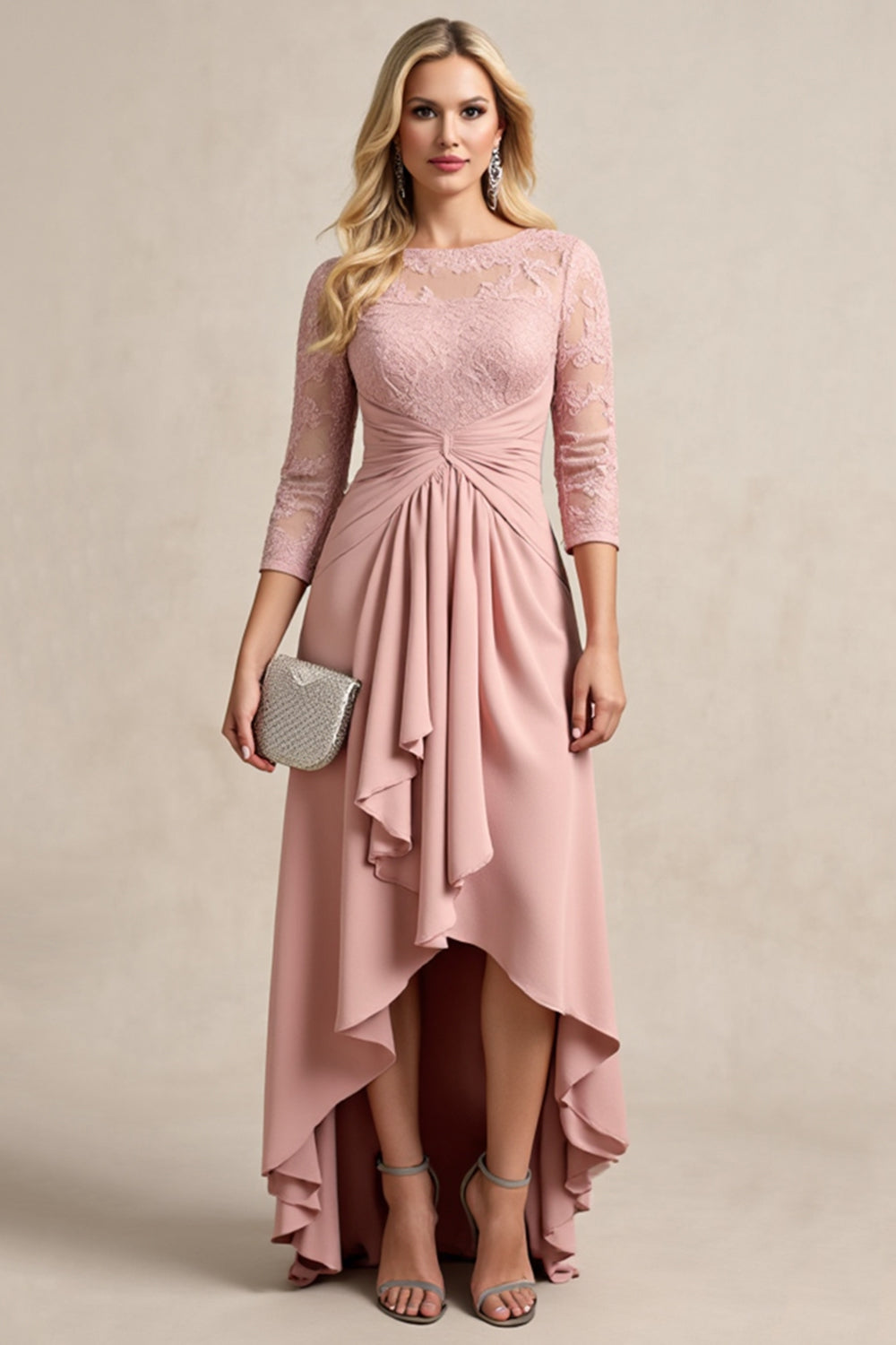 Blush A Line Ruched High-Low Mother of the Bride Dress with Sleeves