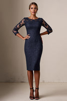 Load image into Gallery viewer, Queendancer Women Navy Bodycon Midi Mother of the Bride Dress with Appliques Lace Illusion Boat Neck 3/4 Sleeves Wedding Guest Dress