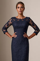 Load image into Gallery viewer, Navy Bodycon Lace Sleeves Midi Mother of the Bride Dress with Appliques