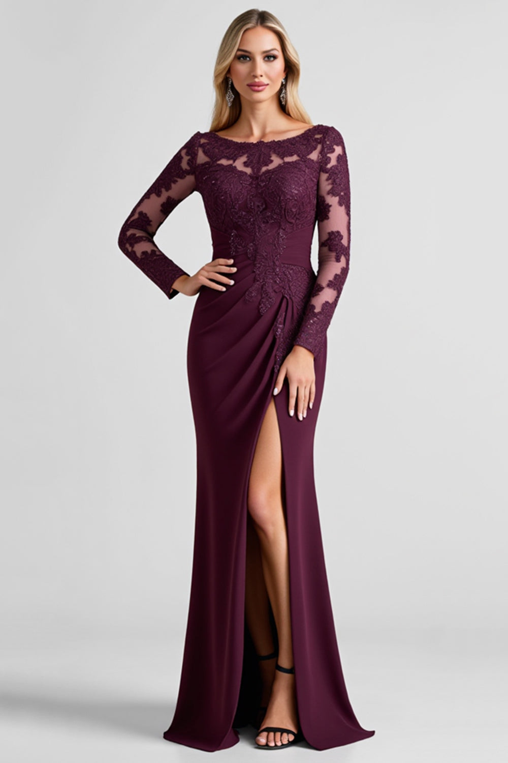 Grape Sheath Boat Neck Long Sleeves Mother of the Bride Dress with Slit