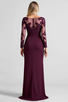 Load image into Gallery viewer, Grape Sheath Boat Neck Long Sleeves Mother of the Bride Dress with Slit
