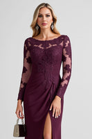Load image into Gallery viewer, Grape Sheath Boat Neck Long Sleeves Mother of the Bride Dress with Slit