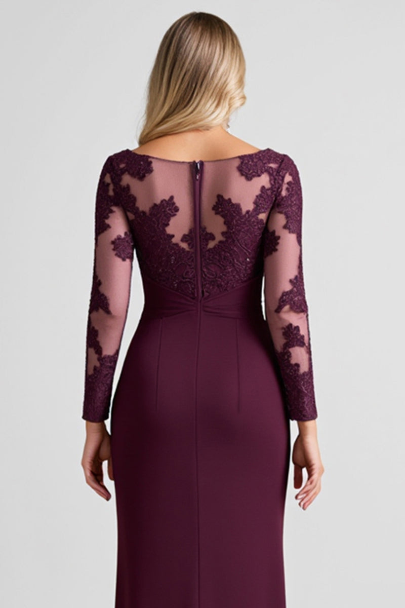 Load image into Gallery viewer, Grape Sheath Boat Neck Long Sleeves Mother of the Bride Dress with Slit