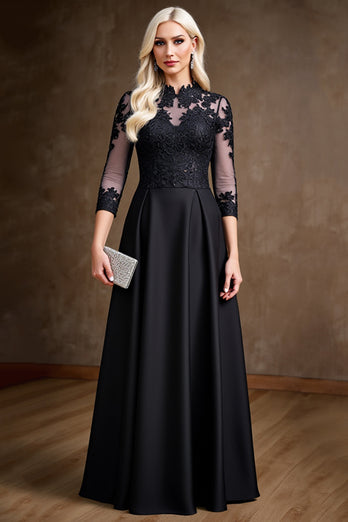 Black Illusion A Line Satin Long Mother of the Bride Dress