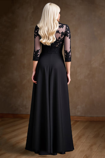 Black Illusion A Line Satin Long Mother of the Bride Dress