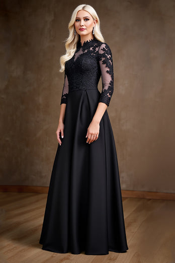 Black Illusion A Line Satin Long Mother of the Bride Dress
