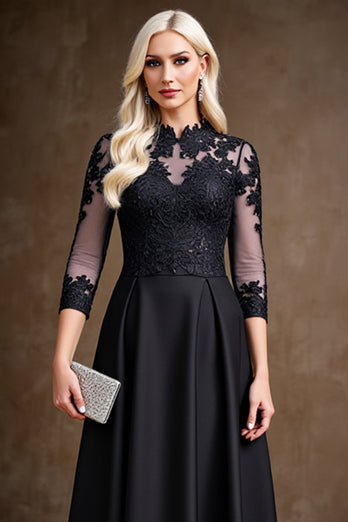 Black Illusion A Line Satin Long Mother of the Bride Dress