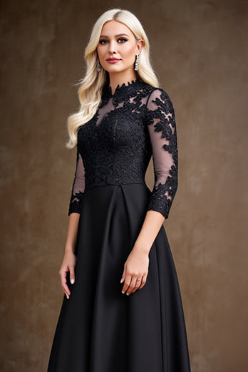 Black Illusion A Line Satin Long Mother of the Bride Dress