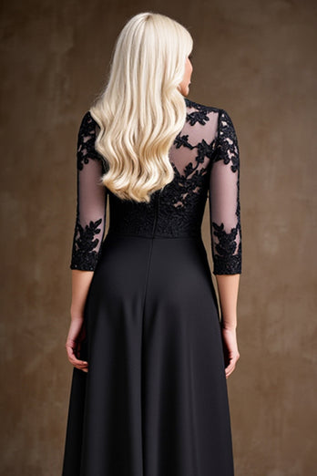 Black Illusion A Line Satin Long Mother of the Bride Dress