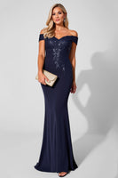 Load image into Gallery viewer, Sparkly Navy Off the Shoulder Mermaid Long Mother of the Bride Dress