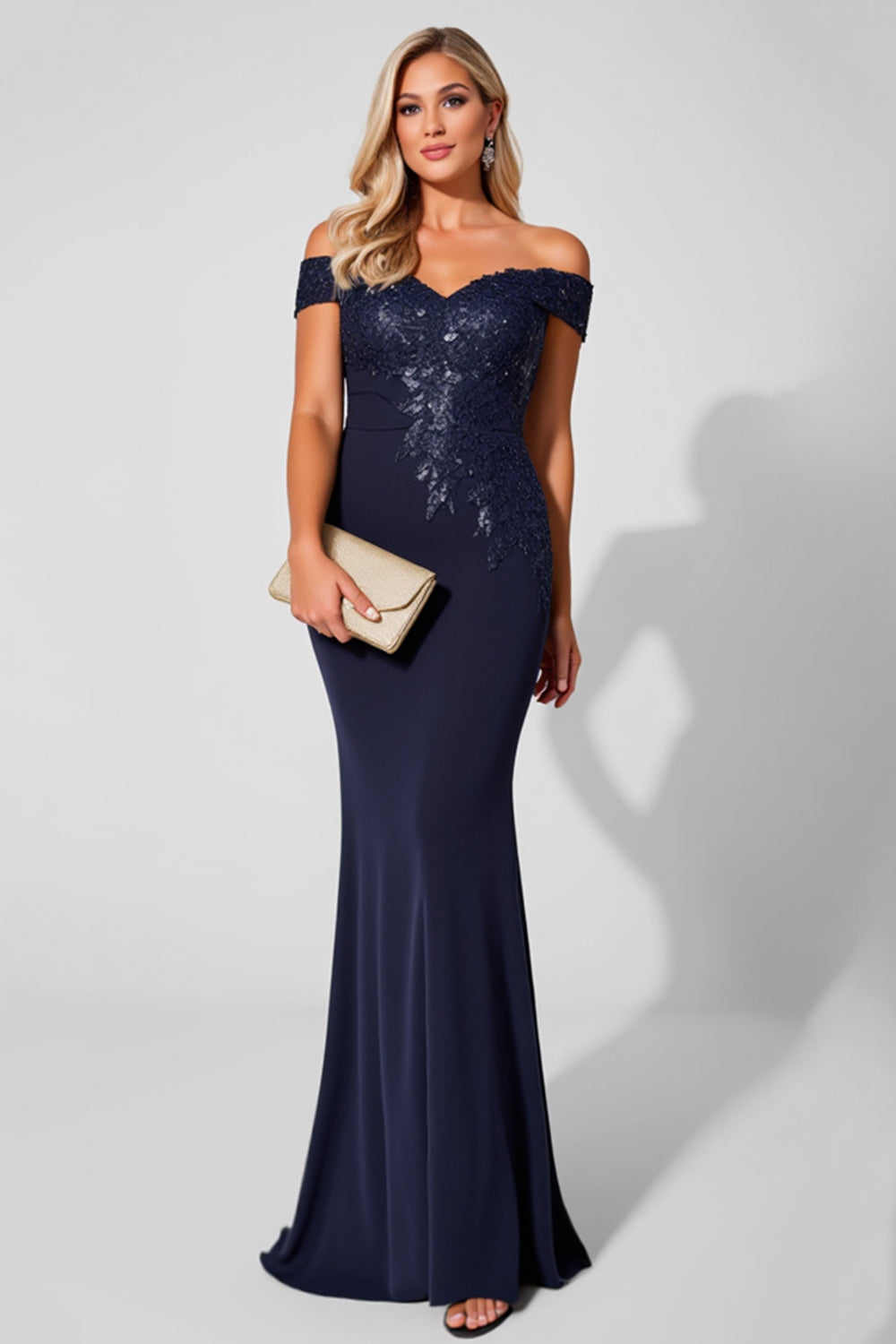 Sparkly Navy Off the Shoulder Mermaid Long Mother of the Bride Dress