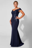 Load image into Gallery viewer, Sparkly Navy Off the Shoulder Mermaid Long Mother of the Bride Dress