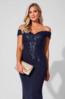 Load image into Gallery viewer, Sparkly Navy Off the Shoulder Mermaid Long Mother of the Bride Dress