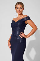 Load image into Gallery viewer, Sparkly Navy Off the Shoulder Mermaid Long Mother of the Bride Dress