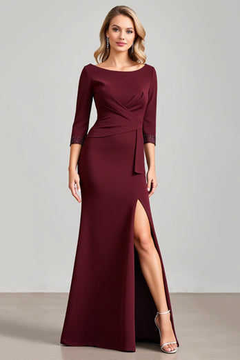 Burgundy Satin Boat Neck Ruched Long Mother of the Bride Dress with Slit