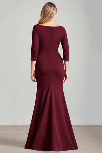 Burgundy Satin Boat Neck Ruched Long Mother of the Bride Dress with Slit
