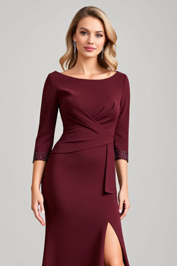 Burgundy Satin Boat Neck Ruched Long Mother of the Bride Dress with Slit