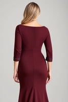 Load image into Gallery viewer, Burgundy Satin Boat Neck Ruched Long Mother of the Bride Dress with Slit