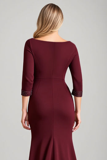 Burgundy Satin Boat Neck Ruched Long Mother of the Bride Dress with Slit