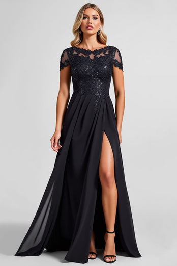 Black A Line Boat Neck Long Mother of the Bride Dress with Slit