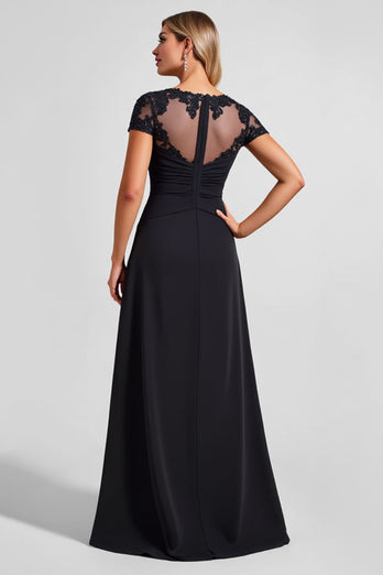 Black A Line Boat Neck Long Mother of the Bride Dress with Slit