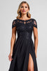 Load image into Gallery viewer, Black A Line Boat Neck Long Mother of the Bride Dress with Slit