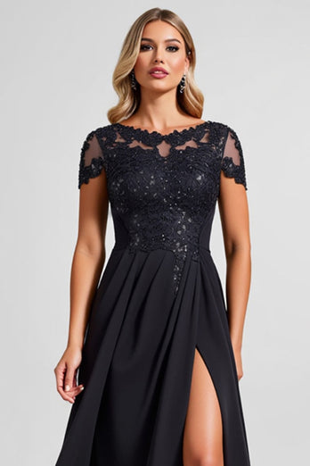 Black A Line Boat Neck Long Mother of the Bride Dress with Slit