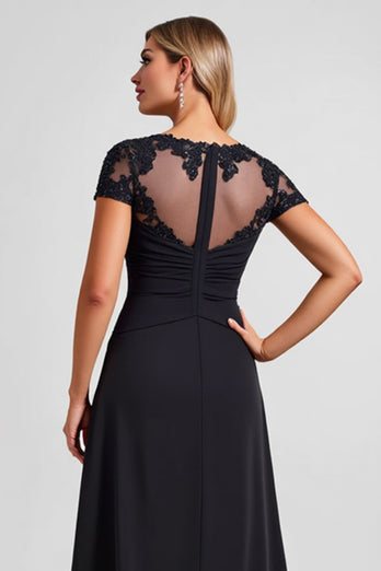 Black A Line Boat Neck Long Mother of the Bride Dress with Slit