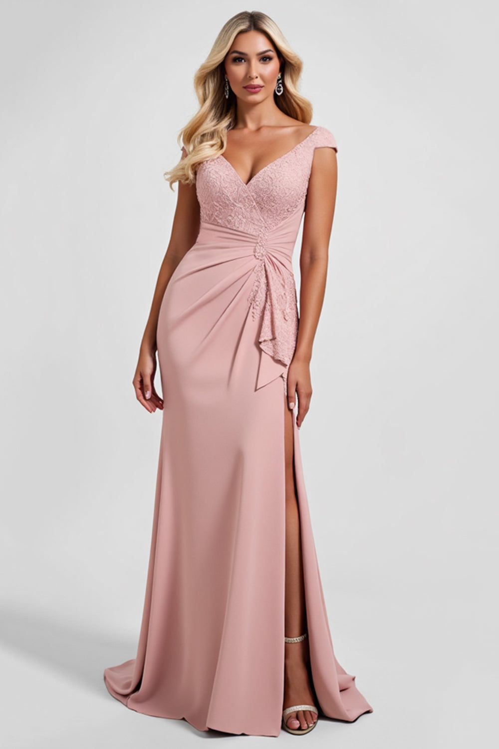 Blush Sheath V-Neck Ruched Long Mother of the Bride Dress with Slit