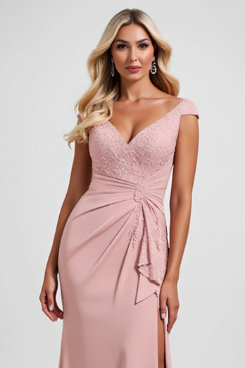 Blush Sheath V-Neck Ruched Long Mother of the Bride Dress with Slit