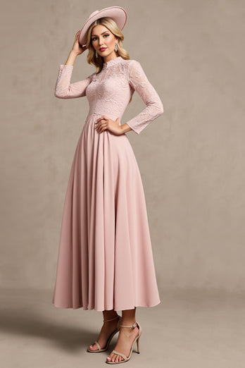 Candy Pink A Line Keyhole Long Sleeves Mother of Bride Dress with Lace