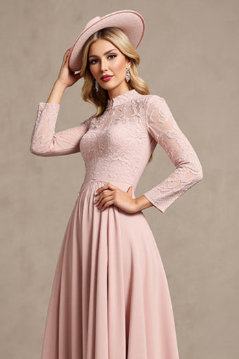 Candy Pink A Line Keyhole Long Sleeves Mother of Bride Dress with Lace