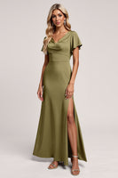 Load image into Gallery viewer, Olive Sheath V-Neck Satin Ruched Long Bridesmaid Dress with Slit