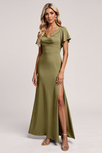Olive Sheath V-Neck Satin Ruched Long Bridesmaid Dress with Slit