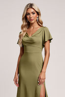 Load image into Gallery viewer, Olive Sheath V-Neck Satin Ruched Long Bridesmaid Dress with Slit