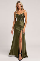 Load image into Gallery viewer, Sparkly Olive Spaghetti Straps Satin Backless Long Bridesmaid Dress with Slit