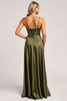 Load image into Gallery viewer, Sparkly Olive Spaghetti Straps Satin Backless Long Bridesmaid Dress with Slit