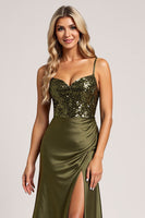 Load image into Gallery viewer, Sparkly Olive Spaghetti Straps Satin Backless Long Bridesmaid Dress with Slit