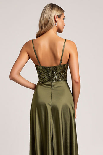 Sparkly Olive Spaghetti Straps Satin Backless Long Bridesmaid Dress with Slit