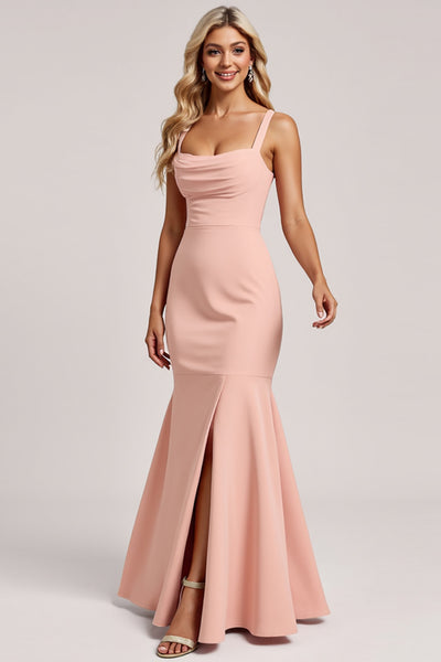 Blush Mermaid Spaghetti Straps Satin Long Bridesmaid Dress with Slit