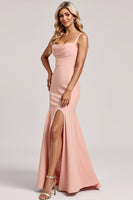 Load image into Gallery viewer, Blush Mermaid Spaghetti Straps Satin Long Bridesmaid Dress with Slit