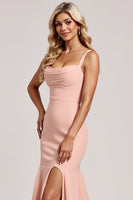 Load image into Gallery viewer, Blush Mermaid Spaghetti Straps Satin Long Bridesmaid Dress with Slit