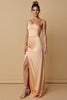 Load image into Gallery viewer, Champagne Sheath Scoop Neck Satin Long Bridesmaid Dress with Slit