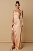 Load image into Gallery viewer, Champagne Sheath Scoop Neck Satin Long Bridesmaid Dress with Slit