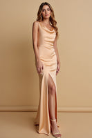 Load image into Gallery viewer, Champagne Sheath Scoop Neck Satin Long Bridesmaid Dress with Slit